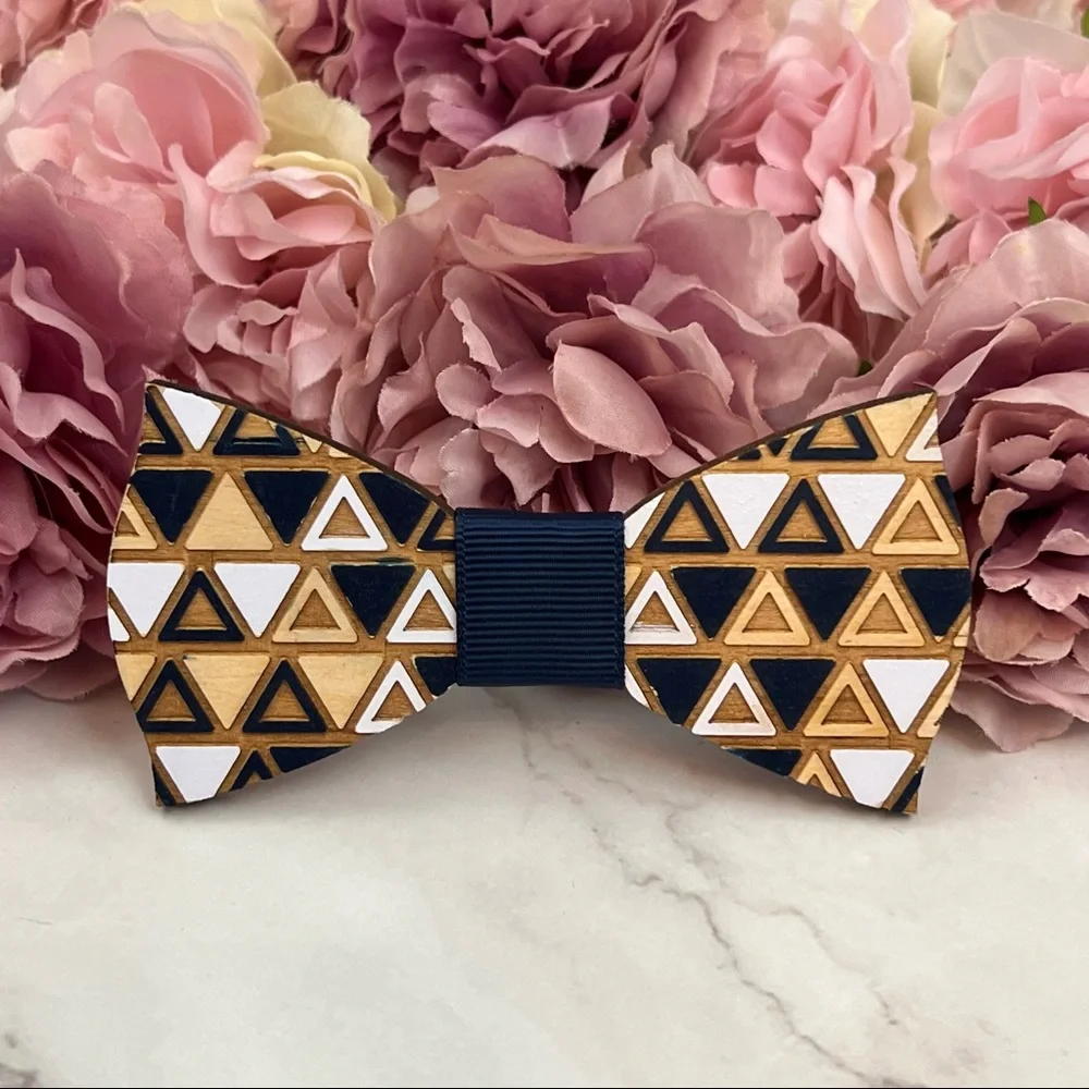 Hand Crafted Blue and White Geometric Wood Butterfly Bow Tie - Picture 4 of 16